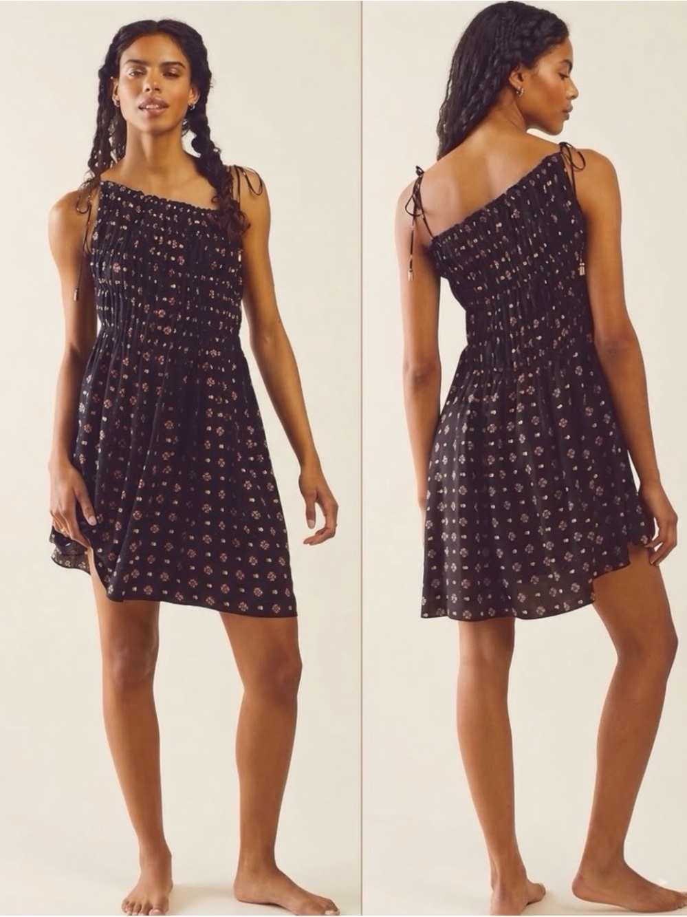 Free People Clementina Mini Dress Black Combo Boho Smocked Asymmetrical S NWOT